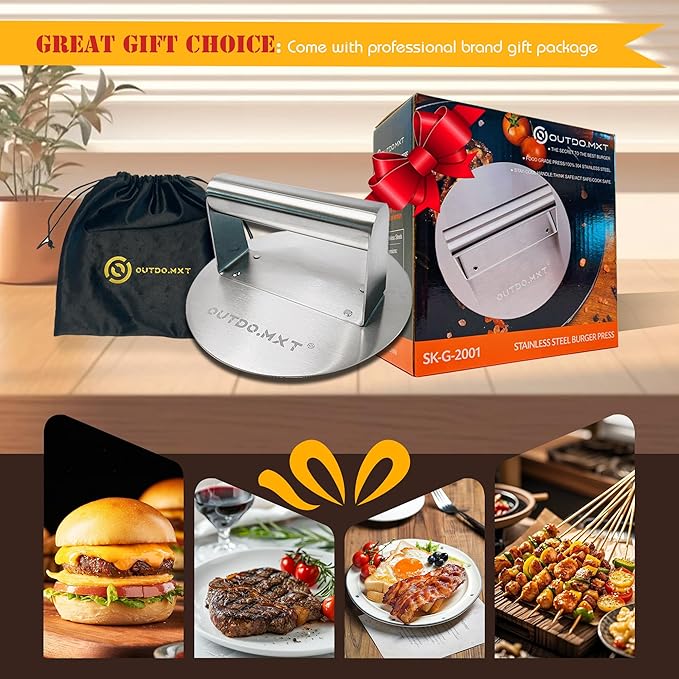Stainless Steel 6.2" Smash Burger Press, Burger Smasher with Velvet Fabric Storage Bag for Griddle,Grill Press for Hamburger, Bacon, Steak,Meat, Barbecue Grilling Tool,Gift Package