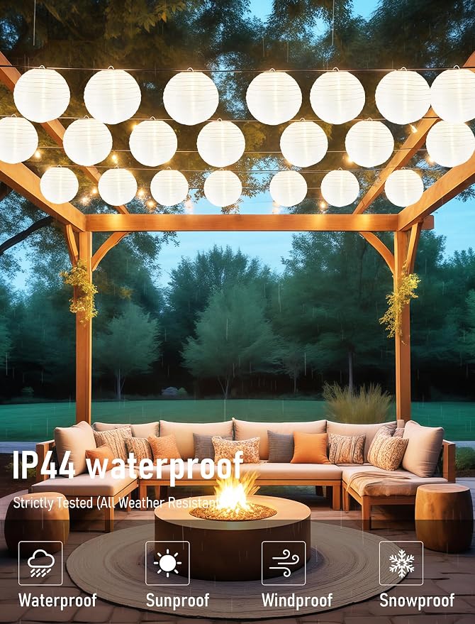 Lantern String Lights Outdoor, 27.5FT White Lantern String Lights Plug in with 10 Nylon Lanterns and G40 LED Bulbs, Hanging Light Strings Waterproof for Indoor Bedroom Outdoor Patio Wedding Party