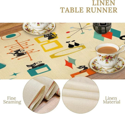 Mid Century Cat Table Runner, Retro Atomic Starburst Vintage Stars 50 60s Abstract Geometric Space Dinner Runner Table Decoration for Home Kitchen Dining 13"x70"