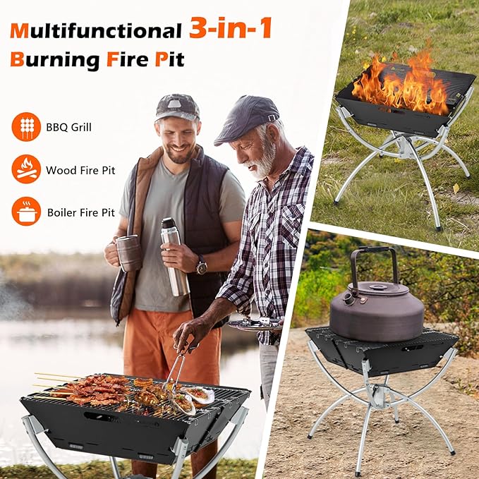 HAPPYGRILL 3-in-1 Foldable Fire Pit With Grill for Outside, Collapsible Wood Burning Camping Fire Pit for BBQ Bonfire Outdoor Cooking