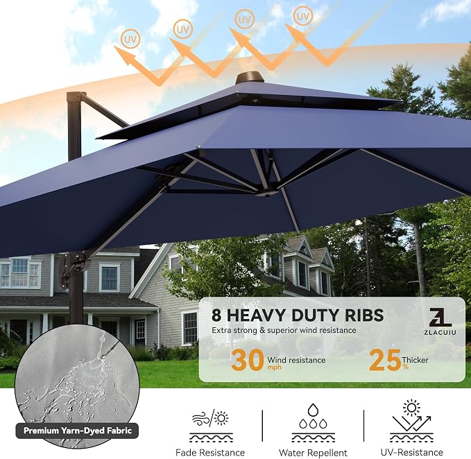 9x12FT Cantilever Patio Umbrella Heavy-Duty Aluminum | 360° Rotating Double Canopy Rectangular Offset Umbrella for Pool, Deck, Garden & Backyard, Navy