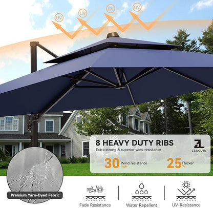 9x12FT Cantilever Patio Umbrella Heavy-Duty Aluminum | 360° Rotating Double Canopy Rectangular Offset Umbrella for Pool, Deck, Garden & Backyard, Navy
