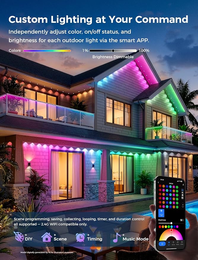 CDN Eaves Permanent Outdoor Lights, 200FT RGB+IC Outdoor Decor Light with 111+ Scene Modes, 90 LED Lights, Smart APP & Remote Control, Waterproof Permanent Light for Daily Holiday Decorations