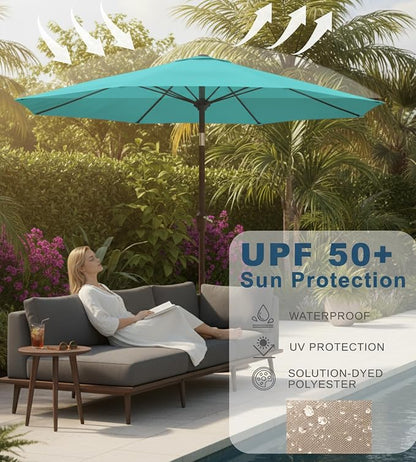 9FT Auto-Tilt Patio Umbrella|Outdoor Market Table Umbrella with 8 Fiberglass Ribs for Pool,Deck&Backyard