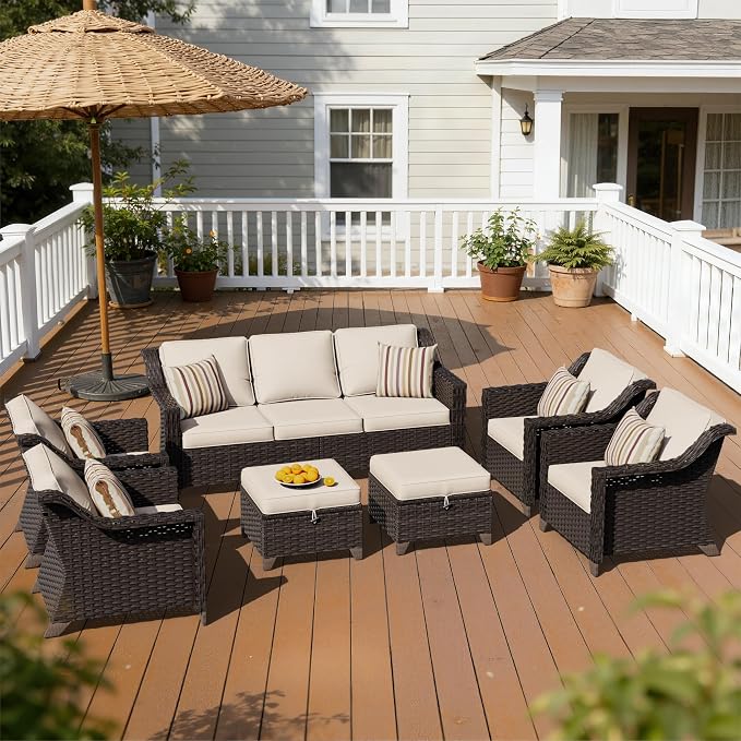 7 Piece Patio Furniture Set, Wicker Outdoor Conversation Set | Patio Chair Set with Olefin Removable Cushion, All-Weather Outdoor Couch with Deep Seat for Porch, Deck and Backyard, Beige