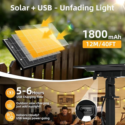 Solar Lights Outdoor Patio Lights 40FT G40 Waterproof Dimmable | 13 Shatterproof Edison Bulbs Patio Lights, Solar or USB charging, 3 Light Modes for Backyard, Porch, Deck, Balcony, Garden