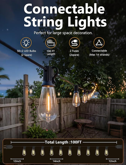 100FT Outdoor String Lights, 50 ST40 Edison LED Patio Lights | Shatterproof Bulbs, IP65 Waterproof, Dimmable 2700K Warm White, UL Listed Plug-In Black Wire for Large Backyard Pergola