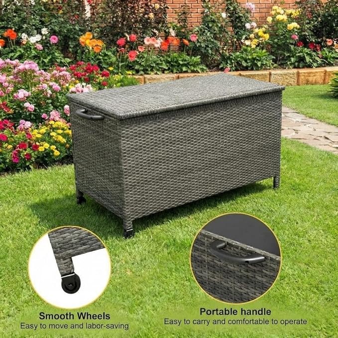GarveeLife Outdoor Wicker Storage Box, PE Rattan Patio Storage Chest with Steel Frame, Weather-Resistant Deck Storage Box for Cushions, Garden Tools & Pool Accessories – Brown Wicker