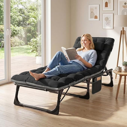 ABORON 3-in-1 Folding Patio Lounge Chair, 440LB Heavy-Duty Tri-Fold Guest Bed with Plush Cotton Cushion, No Assembly Adjustable Recliner for Office Nap, Patio Sunbathing, Poolside & Camping
