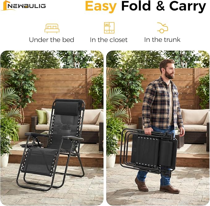 NEWBULIG Zero Gravity Chairs Set of 2, Folding Lounge Chair, Matte Black | Portable Lawn Camping Recliner with Adjustable Pollow, Mesh Back, Cup Holder Trays for Pool Beach Patio