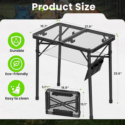 WildFinder Folding Camping Table, 3 Adjustable Height Max 27.5" Portable Grill Table with Mesh Bag, 2x1.3 FT Picnic Table for Outside, Camping, BBQ, Beach, Patio(Black)