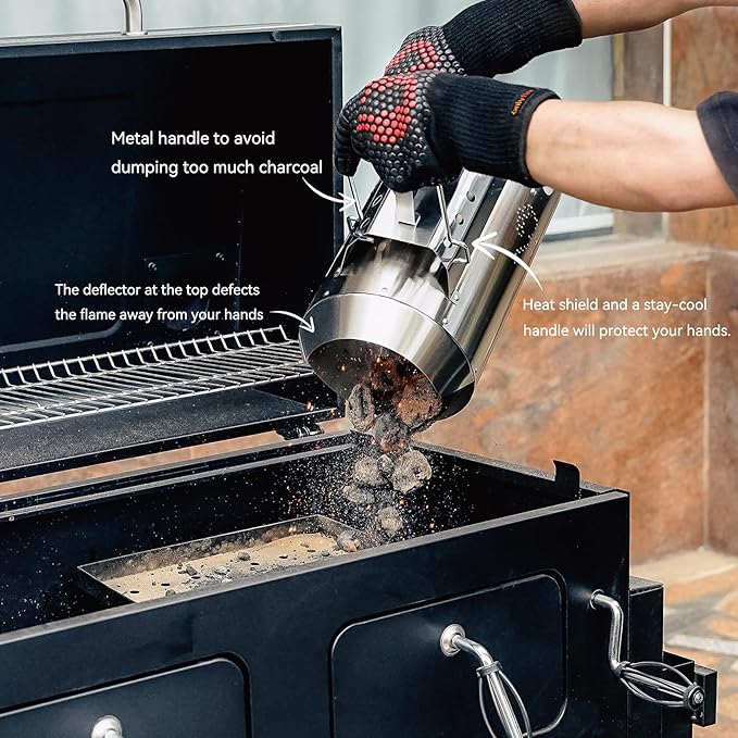 onlyfire Heavy Duty Deluxe BBQ Chimney Starter, Stainless Steel Charcoal Chimney Starter for Charcoal Grills Barbecue Fire Starter with Heat Shield & Stay-Cool Handle Easy to Use Grill Tool