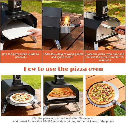 12" Wood Pellet Pizza Oven Outdoor, Portable Foldable Pizza Maker with Built-in Thermometer, Square Pizza Stone, Ideal for Camping, Backyard, Patio, Garden & Party