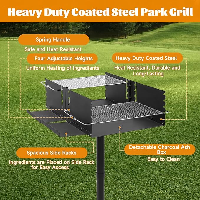 Park Style Charcoal BBQ Grill - Heavy Duty Steel Outdoor Grill with Stainless Steel Cooking Grate - Adjustable Height for Camping & Backyard
