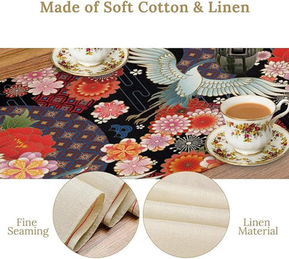 Japanese Table Runner Oriental Vintage Asian Chinese Traditional Cranes Florals Dinner Runner Table Decoration for Home Kitchen Dining Table Party Decoration 13x108in