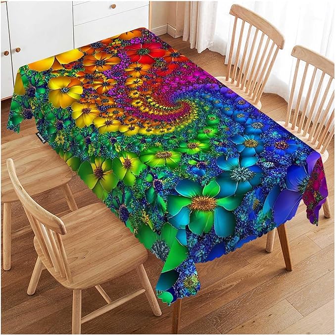 Swono Tie Dye Tablecloth Rainbow Spirals Flower Petals Tie Dye Rectangle Table Cloth Washable Plaid Table Cover for Kitchen Holiday Dinner, 52x 70 Inch Tablecloth