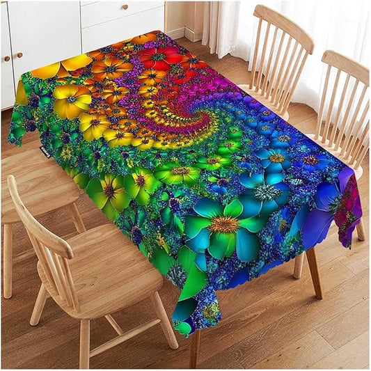 Swono Tie Dye Tablecloth Rainbow Spirals Flower Petals Tie Dye Rectangle Table Cloth Washable Plaid Table Cover for Kitchen Holiday Dinner, 52x 70 Inch Tablecloth