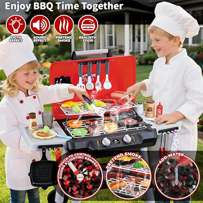 Shemira Kids Play Kitchen Toys, Kids BBQ Grill Playset, Play Grill Toys | 2-Layer Barbecue Toy with Wheel Smoke Sound Light, Outdoor Toys for Toddlers 3-5, Play Food Toys Cooking Set, Birthday Gift