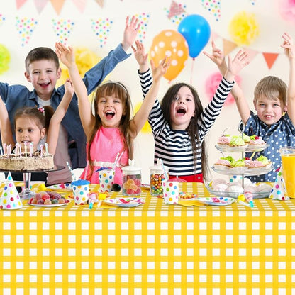 3 Pcs Yellow Gingham Tablecloths, Checkered Party Table Covers 54x108 Inch | Yellow and White Checkered Tablecloths, Disposable Waterproof for Summer Picnic Camping Barbecue Birthday Party