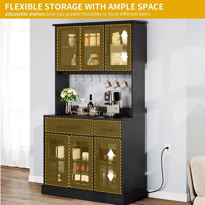 DWVO Kitchen Pantry Storage Cabinet with Microwave Stand, 71'' Tall Kitchen Hutch Cabinets with Power Outlet, Modern Food Pantry Hutch with Drawers ＆ Shelves for Home, Pack of 1, Black | 71" Tall Kitchen Hutch Cabinets with Power Outlet, Modern Food Pa...