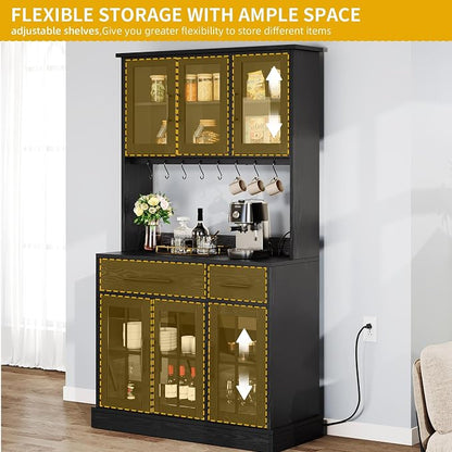 DWVO Kitchen Pantry Storage Cabinet with Microwave Stand, 71'' Tall Kitchen Hutch Cabinets with Power Outlet, Modern Food Pantry Hutch with Drawers ＆ Shelves for Home, Pack of 1, Black | 71" Tall Kitchen Hutch Cabinets with Power Outlet, Modern Food Pa...