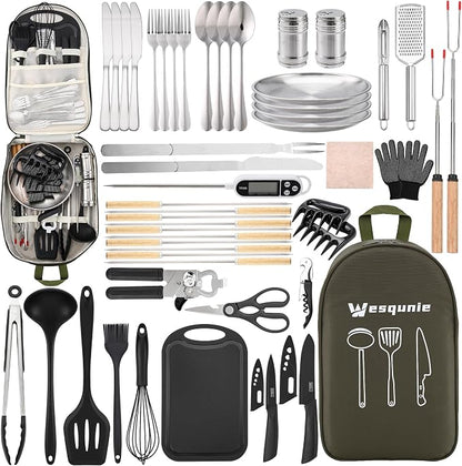 Wesqunie Camping Cooking Utensils Set, Cookware Set for Outdoor Hiking BBQ | Stainless Steel & Silicone Mess Kit, Durable Outdoor Kitchen Gear for Hiking, RV, Picnic Grill & Travel Camping Meal Prep