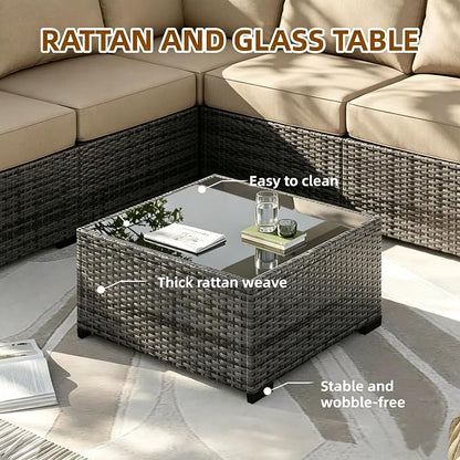 MOCHITO 7 Pieces Outdoor Patio Furniture Sets, All-Weather Sectional Sofa Grey PE Rattan Wicker Conversation Set with Glass Table and Washable Khaki Cushions for Backyard,Sunroom,Garden,Porch