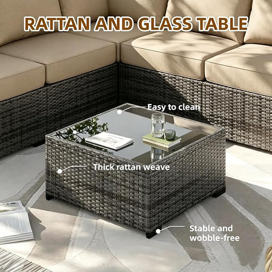 MOCHITO 7 Pieces Outdoor Patio Furniture Sets, All-Weather Sectional Sofa Grey PE Rattan Wicker Conversation Set with Glass Table and Washable Khaki Cushions for Backyard,Sunroom,Garden,Porch