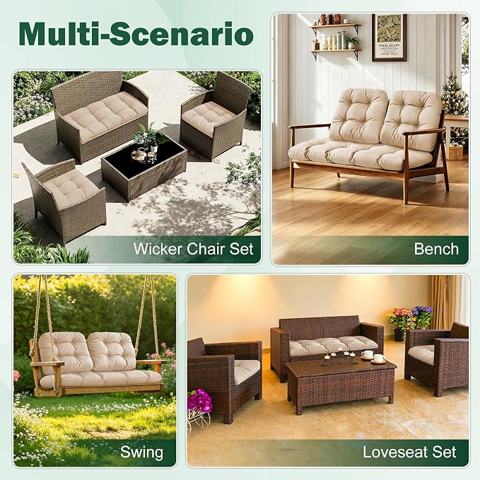 Outdoor Wicker Chair Cushions, 44×19×4 in, Waterproof, Beige | Waterproof Wicker Furniture Cushions, Fade Resistant, 3 Piece Patio Furniture Cushions Set for Bench, Loveseat, Swing, Settee