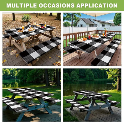 FOREVER QUEEN Picnic Table Cover with Bench Covers 72in,Waterproof Windproof Fitted Tablecloth,Black White Buffalo Plaid Camping Essentials with Drawstring Bag for Patio,Park & Backyard