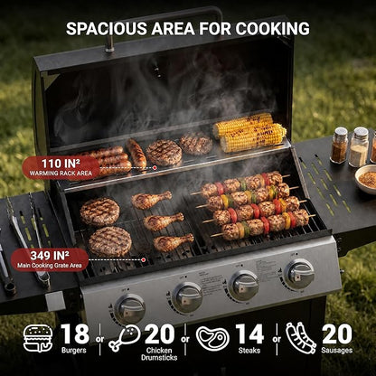 HUGROVE 4 Burner Propane Gas BBQ Grill with Wheels, 40,000 BTU Output Stainless Steel Barbecue Grill for Backyard & Outdoor Cooking Easy to Assemble, Foldable Side Tables & Spice Rack (Black)