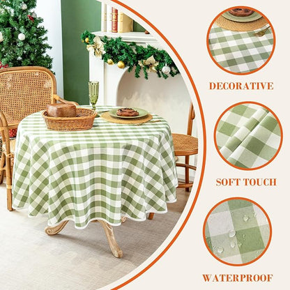 Green and White Gingham Tablecloth, Spring Plaid Waterproof Table Cover for Easter, Indoor Dining, Kitchen Table, Garden Picnic, Washable Rectangle Tablecloth for Home Use, 60" Round