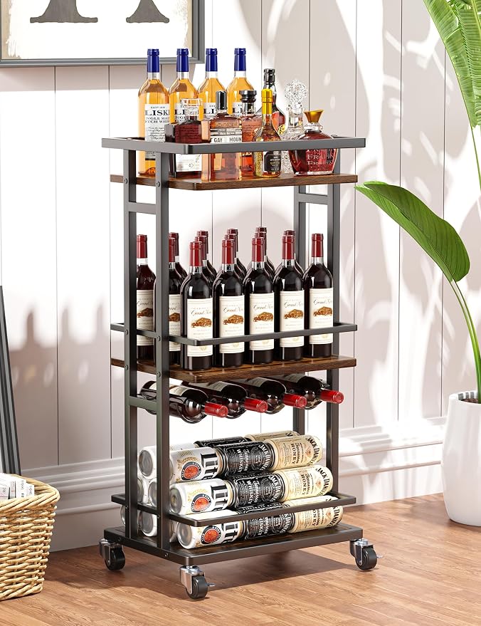 OKZEST 3-Tier Bar Cart for Home, Mini Rolling Liquor Cabinet & Serving Cart | Small alcohol coffee bar cart for party, Holds wine, liquor, beverage, glassware, shaker, coffee supplies, Rustic farmhouse