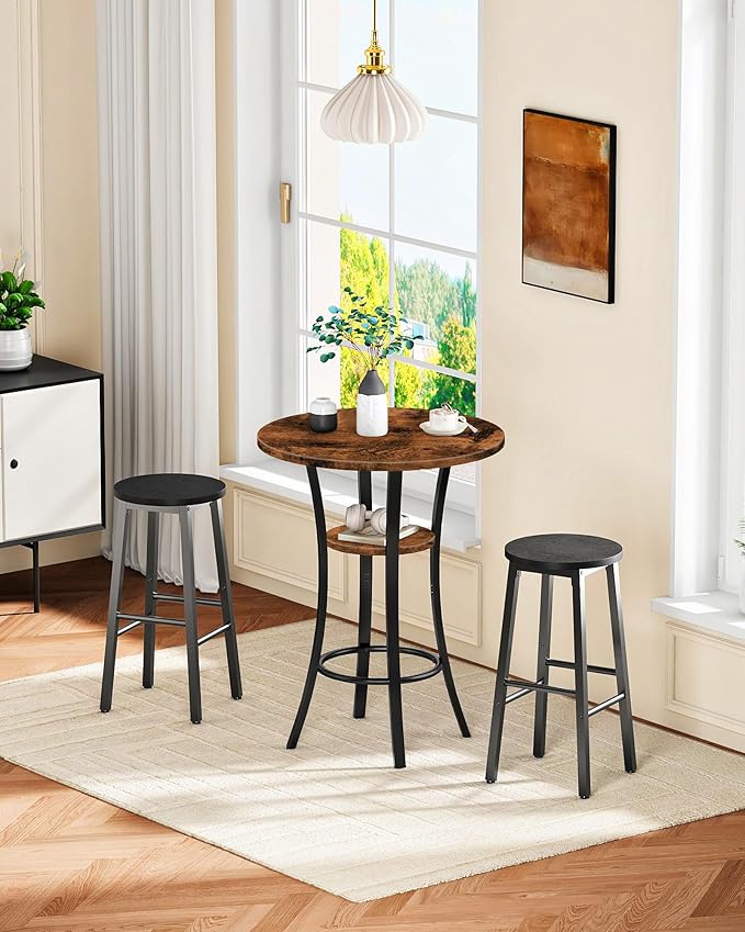 CHOEZON Round Bar Table, Set of 2 Small Kitchen Dining Tables, 2-Tier High Top & Counter Height Dining Table, for Bistro, Pub, Kitchen, Living Room, Rustic Brown and Black TBT03P2BF