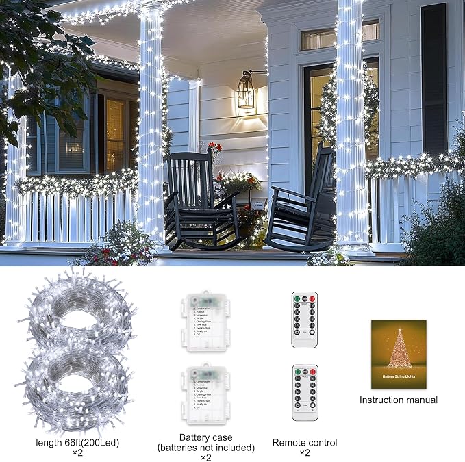 2 Pack Battery Operated String Lights Outdoor Indoor, 8 Modes with Remote Timer Waterproof 66ft 200 LED Twinkle Fairy Lights Battery Powered for Wedding Bedroom Tree Party Christmas Decor, White