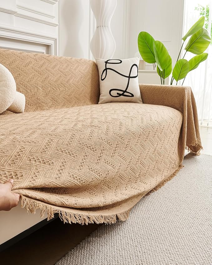 AIVIA Couch Cover Sheet Blanket, Oversized Covers for 3 Cushion Sofa, Large Furniture Decoration Slipcovers, L-Shape U-Shaped Sectional Protector for Cats Dogs Pets (Khaki, 71” x 118”)