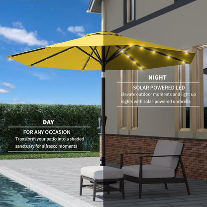 9FT Patio Umbrella with Solar Lights,Outdoor Market Umbrella with Tilt and Crank, LED Lighted Table Umbrella for Garden,Deck,Backyard,Pool,Beach (Yellow)