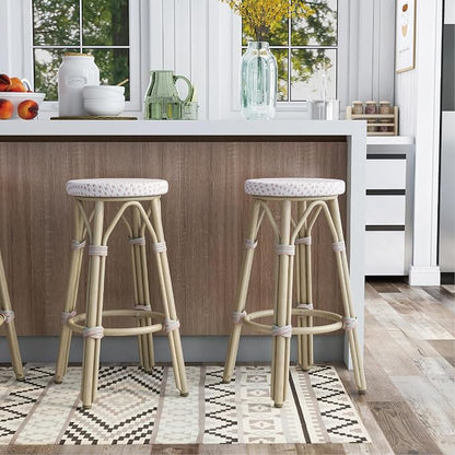 Seadrift Boho 26-inch Aluminum and All-Weather Wicker Barstools with Footrest, Patio Stools & Bar Chairs for Outdoor, Kitchen Counter, Poolside, Yard, Set of 2, White and Pink