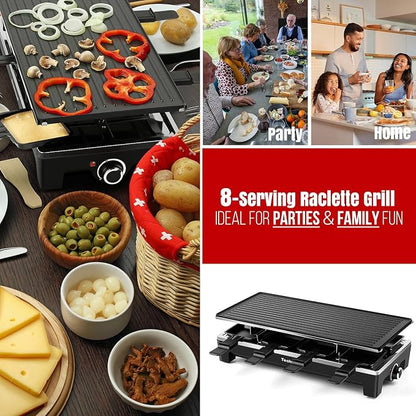Raclette Grill, Techwood Electric Table Indoor Grill Korean BBQ Grill, Removable 2-in-1 Non-Stick Grill Plate, 1500W Fast Heating with 8 Cheese Melt Pans, Ideal for Parties and Family Fun