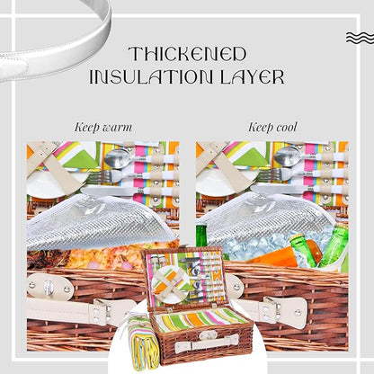 Wicker Picnic Basket Set for 4, Blanket, Cooler Bag, Rainbow Stripe | Four-Person Wicker Set Includes Tableware, Insulated Food Storage and Waterproof Blanket for Parks, Camping, Dates and Gifts