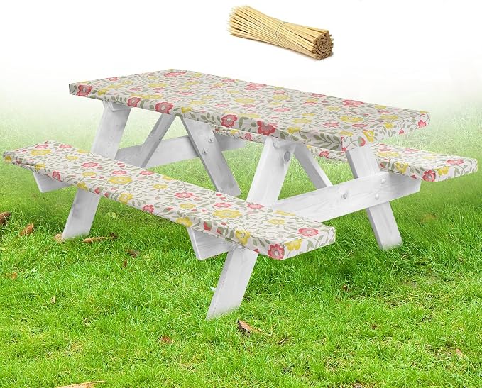 LINPRO Premium Picnic Table Cover with Bench Covers Vinyl Fitted Picnic Table Covers with Elastic RV Camping Accessories and Camper Must Haves Waterproof (Floral, 72 x 30 (6ft) with skewers
