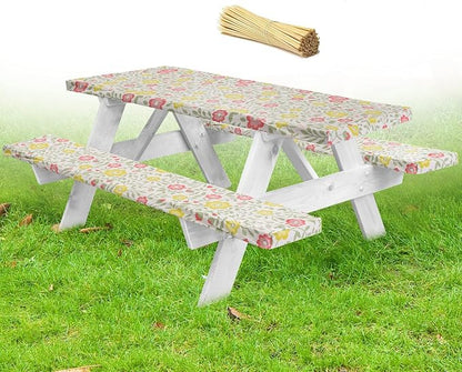 LINPRO Premium Picnic Table Cover with Bench Covers Vinyl Fitted Picnic Table Covers with Elastic RV Camping Accessories and Camper Must Haves Waterproof (Floral, 72 x 30 (6ft) with skewers