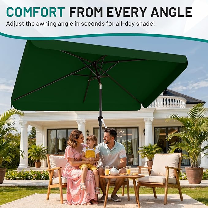 AreShark 6.5 x 10 FT Rectangular Valance Patio Umbrella, Outdoor Umbrella with Tilt and Crank, Market Table Umbrellas W/ 6 Ribs UV Protection for Garden, Deck, Backyard and Pool, Dark Green