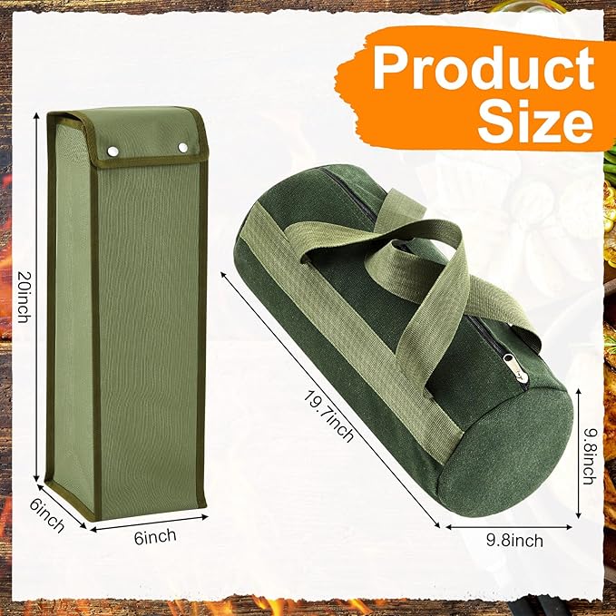 Amylove 2 Pcs Grill Utensil Storage Bag 20" Extra Thick Canvas Barbecue Grill Tool Storage Bag Carry Container Waterproof Zipper Closure, for Outdoor Grilling Camping Hiking Barbecue Accessory(Green)