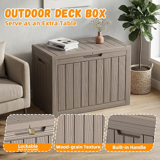 ROJIK Outdoor Storage Box, 55 Gallon Waterproof Deck Box, Weatherproof Resin Outside Storage Bin for Patio Furniture, Garden Tools, Pool Accessories, Cushion, Grey
