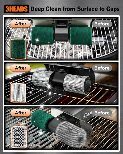 Saker Electric Grill Brush, 450 RPM Automatic BBQ Cleaning Tool with LED Light & 3 Interchangeable Heads – Cordless, Bristle-Free Grill Scrubber for Outdoor Cooking Accessories