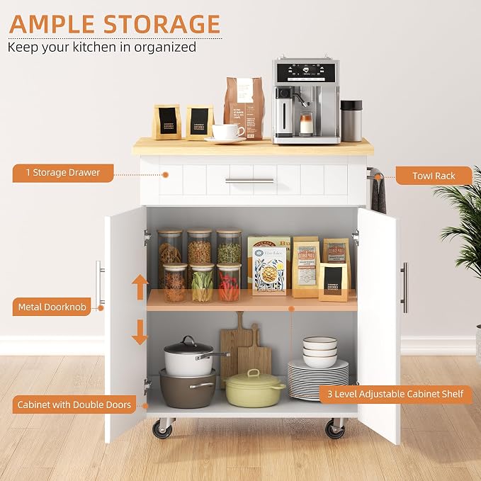 Shintenchi Kitchen Island cart with Storage, Portable Bar Cabinet on Wheels, Rolling Microwave Cart Side Table with Workstation for Kitchen, Dinning Room, White