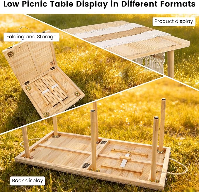 44" x 22" Boho Low Picnic Table, Foldable Solid Wood Construction | Beach Table with Tablecloth & Adjustable Legs, Indoor & Outdoor Use for Beach, Camping, BBQ, Wedding & Warm Family Gatherings
