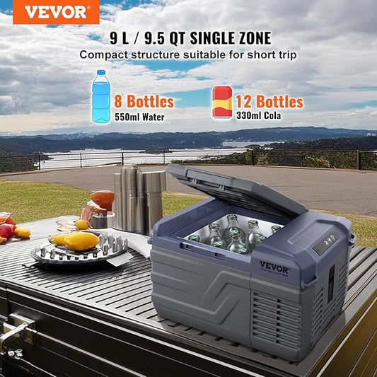 VEVOR Car Refrigerator, 12 Volt Car Refrigerator Fridge, 9 L Single Zone Portable Freezer Cooler, -4℉-68℉ Adjustable Range, 12/24V DC and 100-240V AC Compressor, for Outdoor, Camping, RV