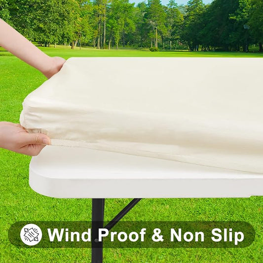 Smiry Rectangle Tablecloth, Elastic Fitted Flannel Backed Vinyl Tablecloths for 8ft Folding Tables, Waterproof Wipeable Table Covers for Indoor, Outdoor, Picnic and Camping (Beige, 30"x96")